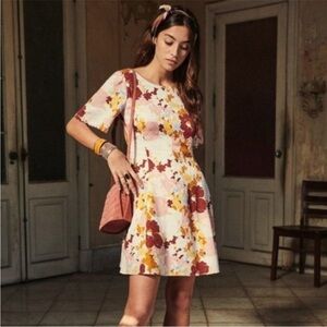 Sezane Faustine Floral Short-Sleeve Dress in Cream, Pink & Mustard